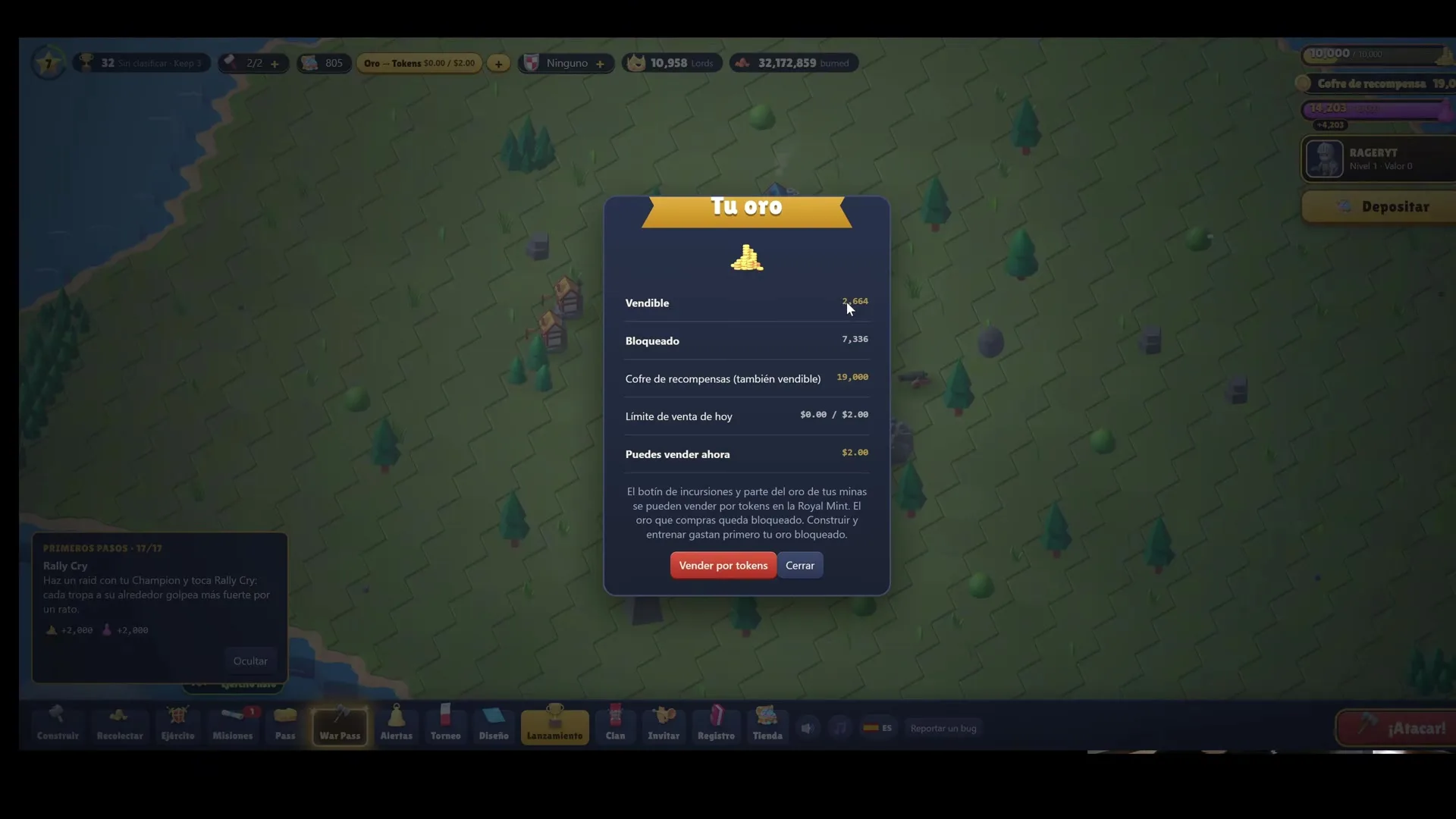 RaidLords: Окно "Tu oro" с суммой $2.00, отображающей продаваемое золото и лимиты продаж RaidLords: Окно "Tu oro" с суммой .00, отображающей продаваемое золото и лимиты продаж
